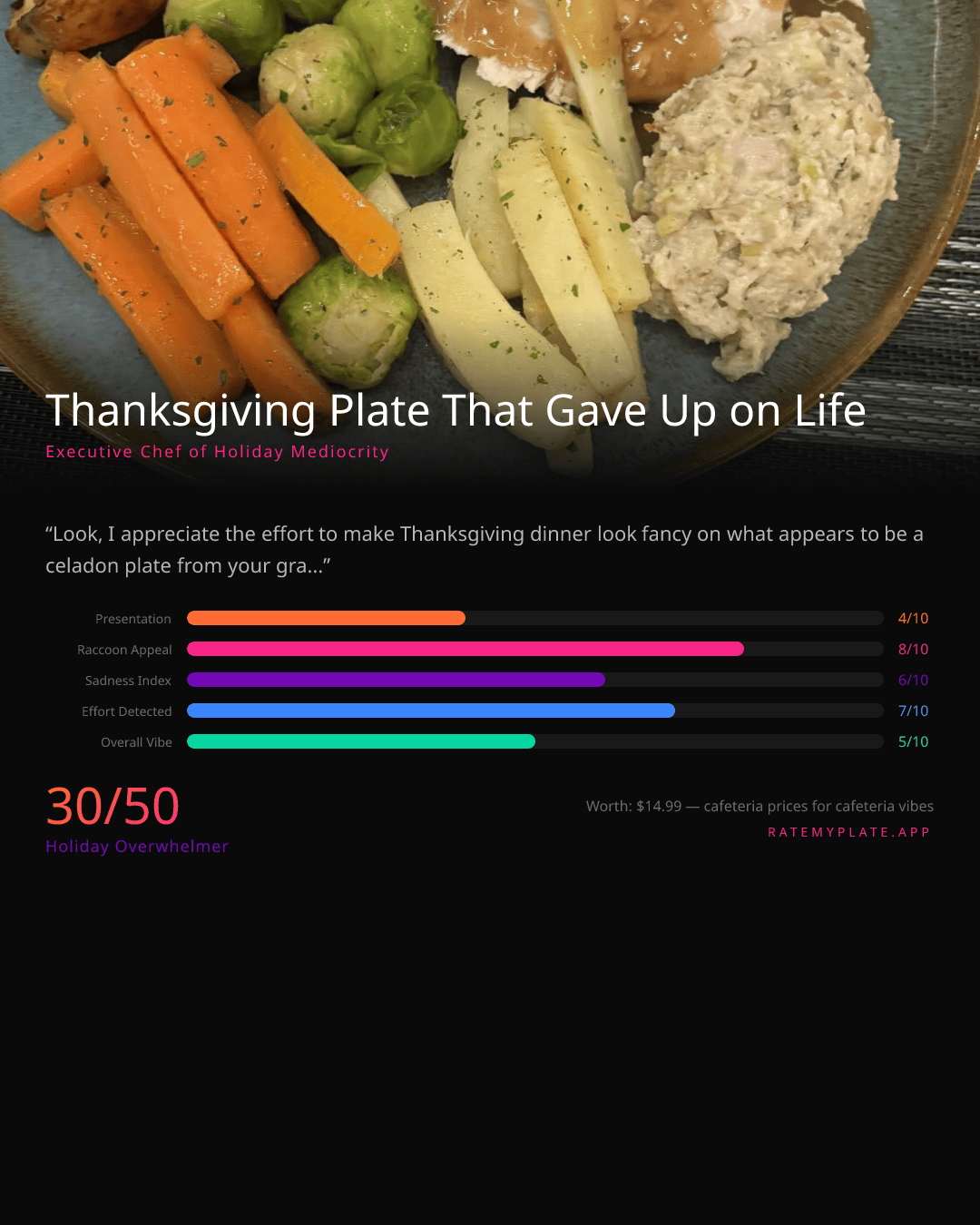 RateMyPlate - AI food roasting app showing a Thanksgiving plate scored across absurd categories